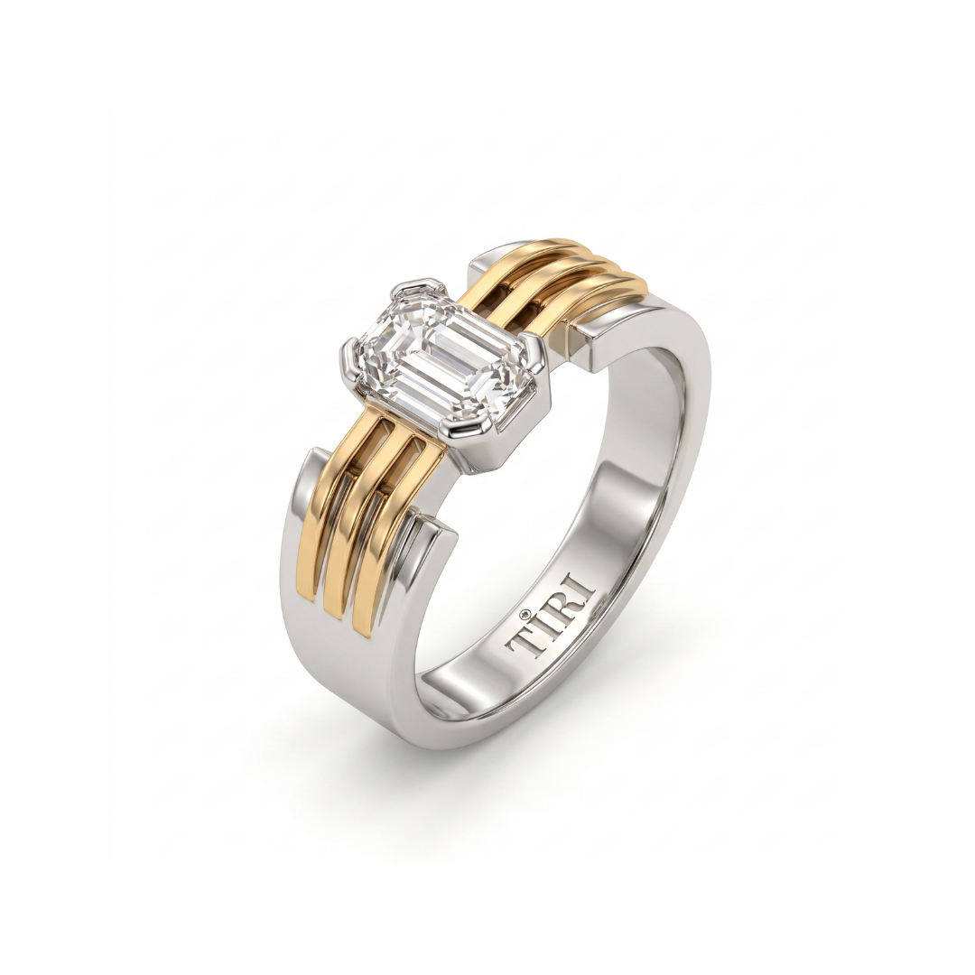 Interlace men's diamond ring by Tiri featuring intricate interwoven design and sparkling diamonds on a polished band.