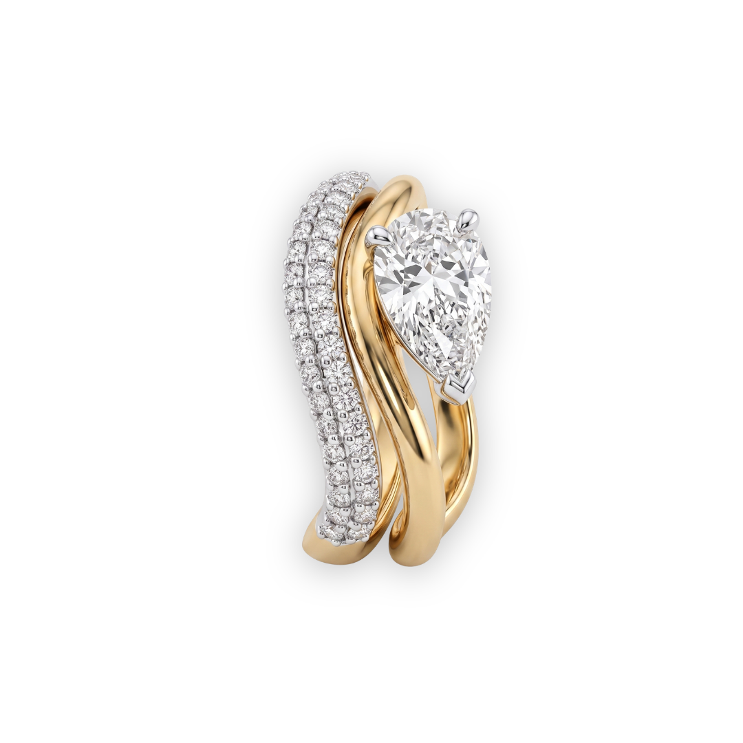 Solis Pear Diamond Ring by Tiri featuring a pear-shaped diamond set in elegant gold, close-up view of the ring's detailed design.