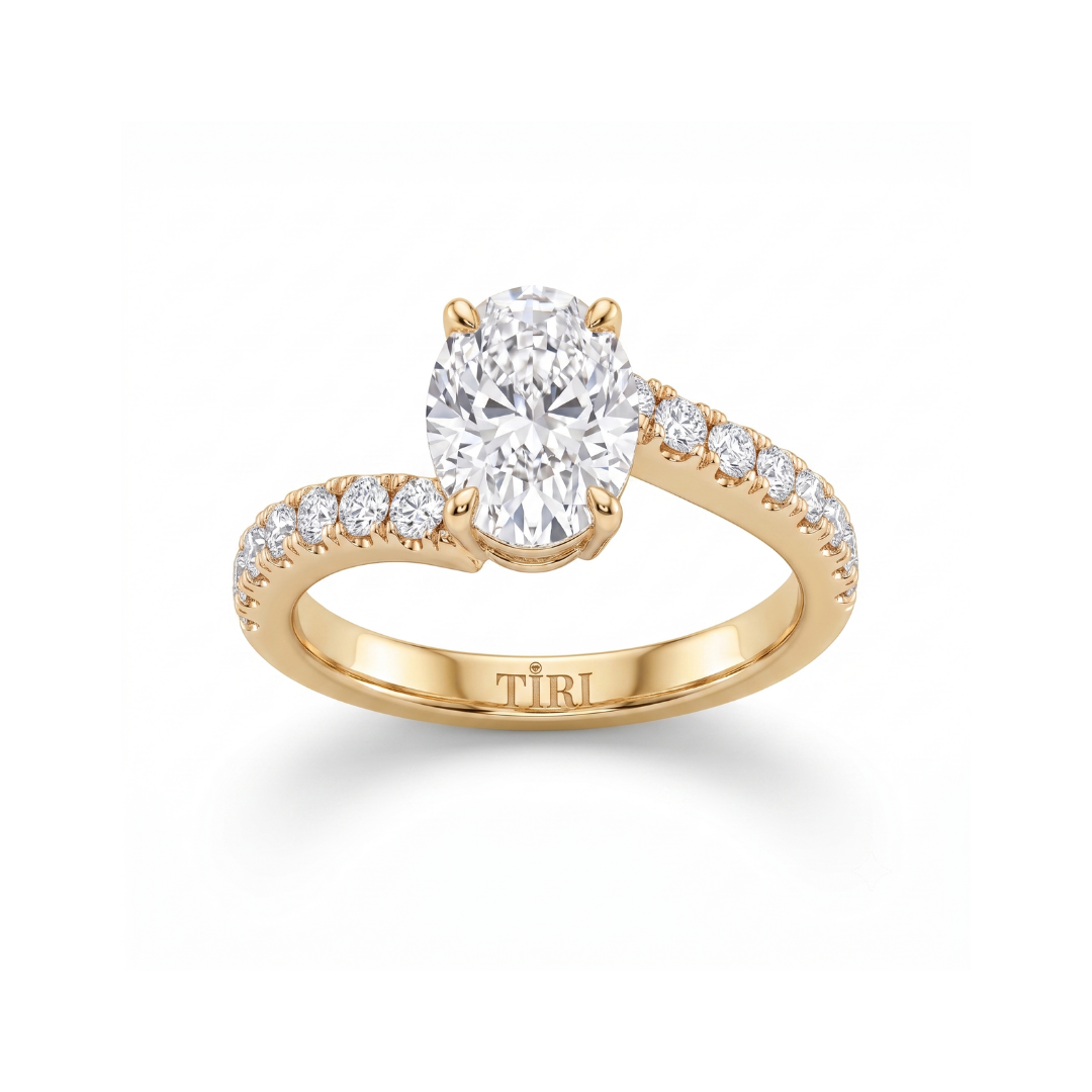 Tiri oval engagement diamond ring featuring a central sparkling diamond set in a sleek band.