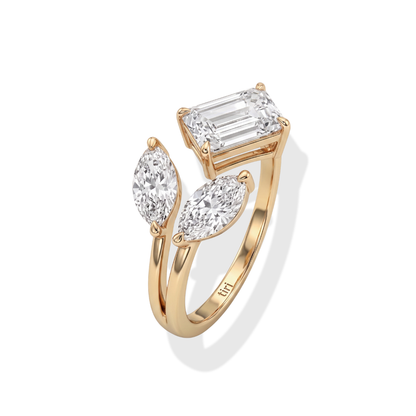 Tiri Marquise and Emerald Duo Diamond Ring featuring a marquise-cut and emerald-cut diamonds in elegant gold setting.