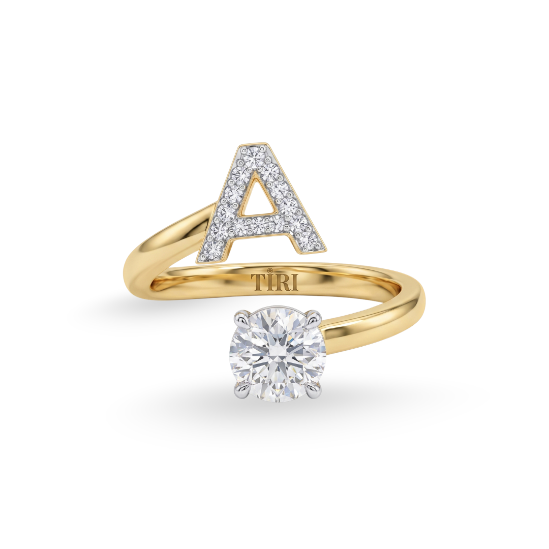 Tiri Monogram Solitaire Diamond Ring featuring a single sparkling diamond set in a sleek band with personalized monogram design