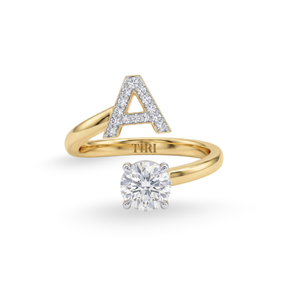 Tiri Monogram Solitaire Diamond Ring featuring a single sparkling diamond set in a sleek band with personalized monogram design