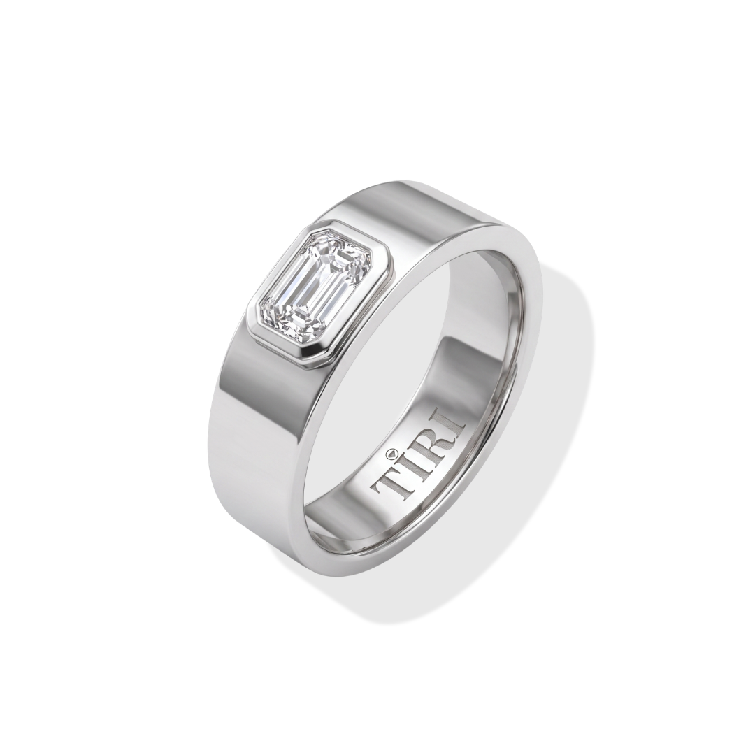 Tiri Baguette Men Diamond Ring featuring a sleek band with baguette-cut diamonds and a modern, masculine design.