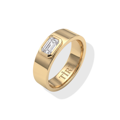 Tiri Baguette Men Diamond Ring featuring a sleek band with baguette-cut diamonds, showcasing modern masculine jewelry design