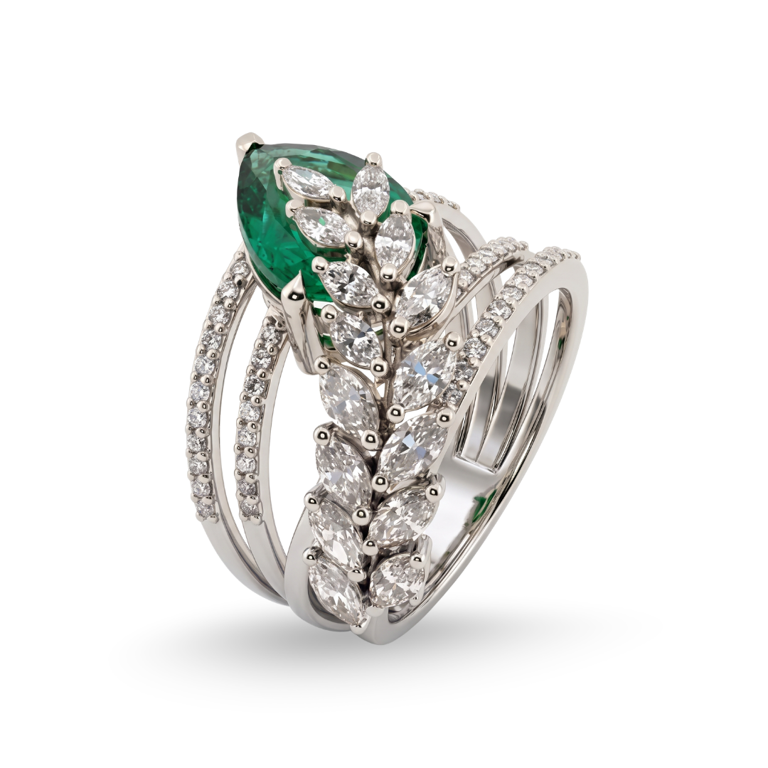 Tiri Emerald Foliage Diamond Ring with intricate leaf design and sparkling diamonds on shining gold band