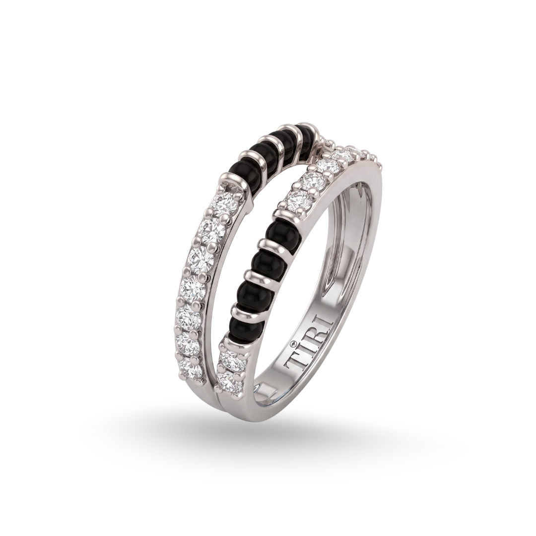 Tiri Bandhan Mangalsutra Diamond Ring featuring a sleek gold band with embedded sparkling diamonds and intricate design details.