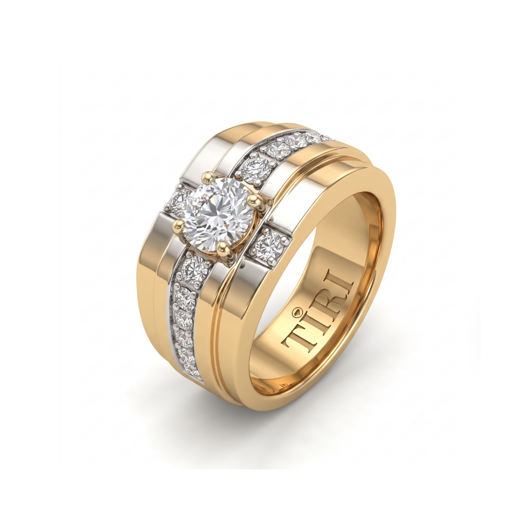 Tiri Meridian Men Diamond Ring featuring a sleek band with a prominent diamond centerpiece and modern design.