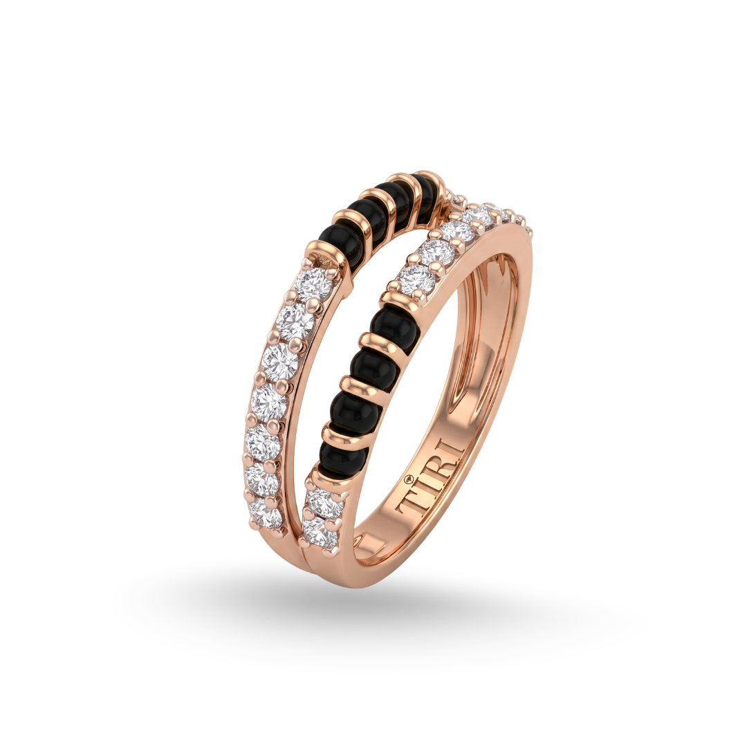 Tiri Bandhan Mangalsutra Diamond Ring featuring a gold band with intricate design and sparkling diamond accents.