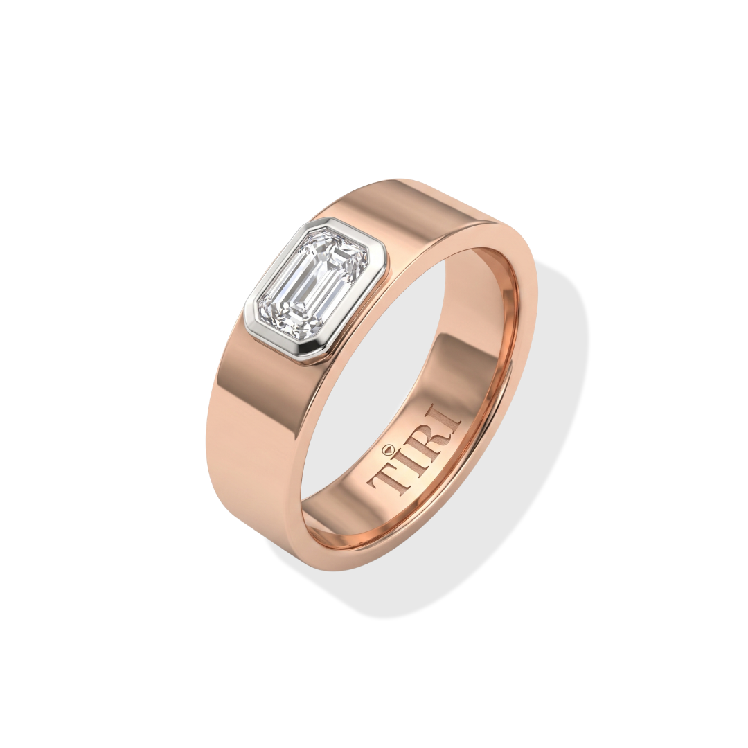 Tiri Baguette Men Diamond Ring featuring a sleek silver band with rectangular baguette-cut diamonds, stylish and modern jewelry piece.