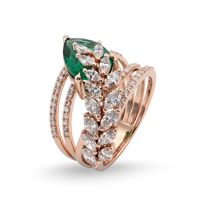Tiri Emerald Foliage Diamond Ring featuring intricate leaf-inspired design with sparkling diamonds on a silver band.