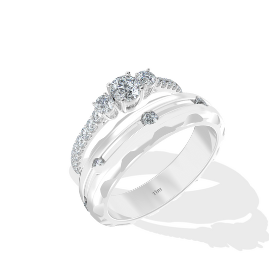 Elegant Tiri 1.10 TW diamond ring featuring a sparkling band, worn by a woman in a close-up image.