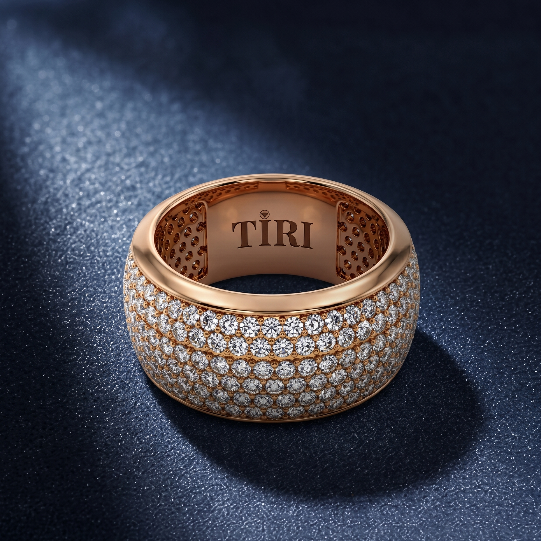 Tiri Pavé Horizon diamond ring with multiple small sparkling diamonds set in a sleek band, showcasing elegant jewelry design.