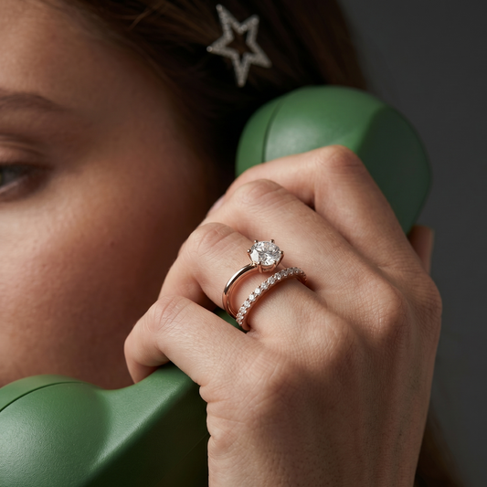 Close-up of a hand holding a green phone receiver with a star-shaped hairpin and ring.