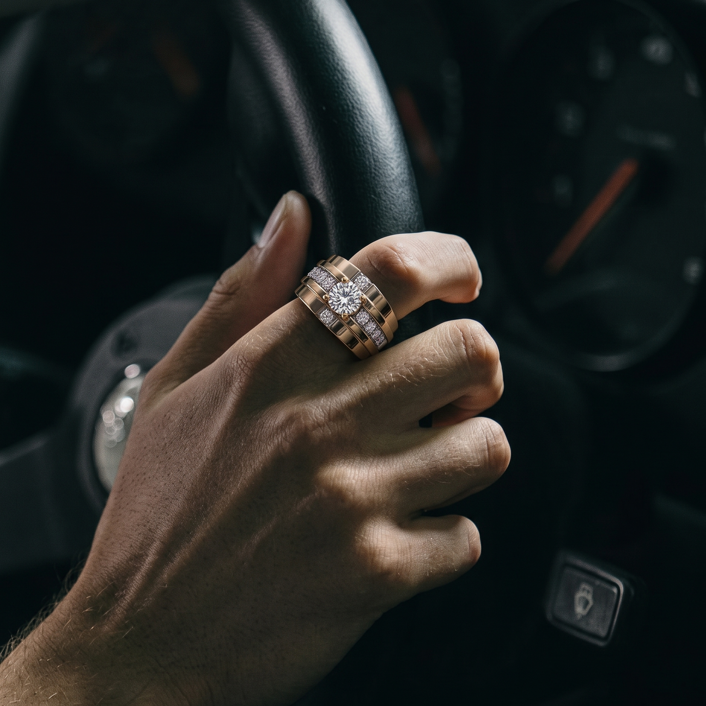 Tiri Meridian Men diamond ring featuring a sleek band with embedded sparkling diamonds on a white background.