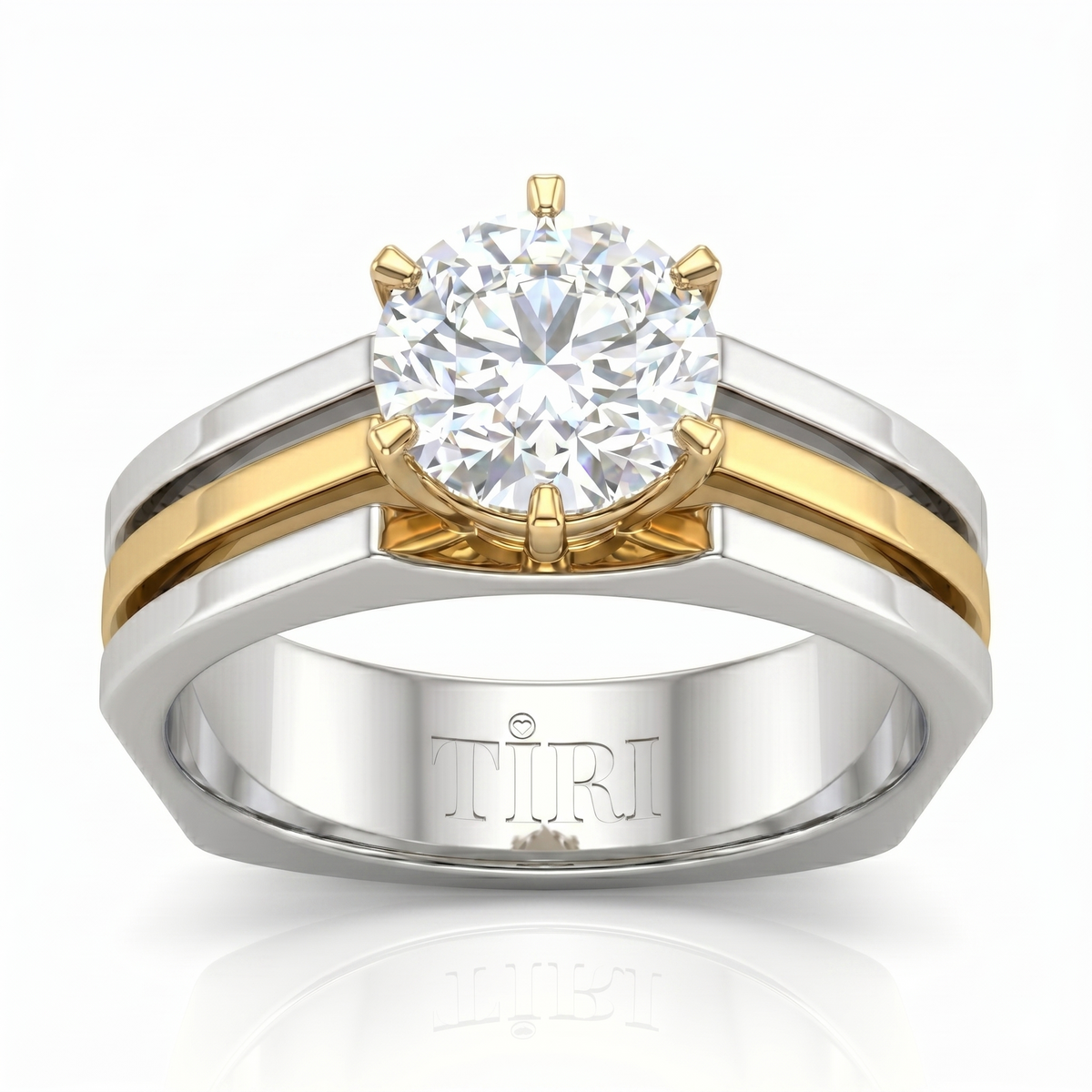 Tiri Tri-Line Band Diamond Ring featuring three sleek bands with sparkling diamond accents on a polished metal setting