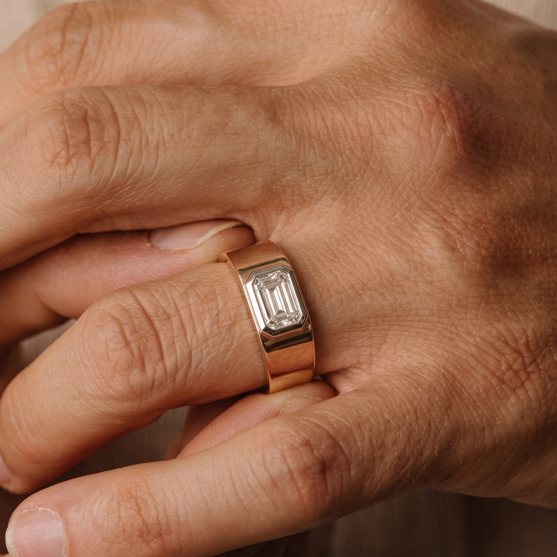 Tiri Baguette Men Diamond Ring featuring a sleek gold band with baguette-cut diamonds, designed for modern men's jewelry.