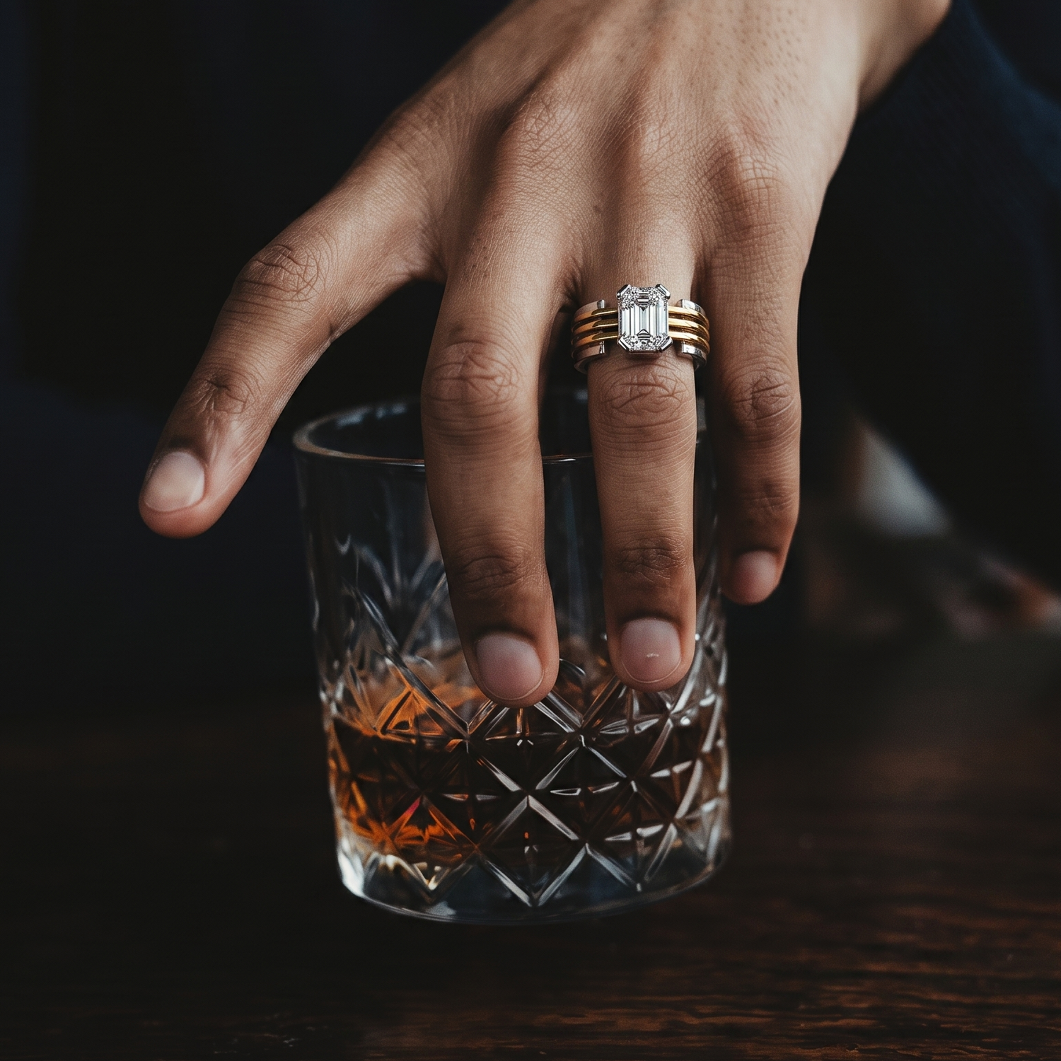 Interlace Men's Diamond Ring by Tiri featuring a sleek silver band with intricate diamond pattern design.