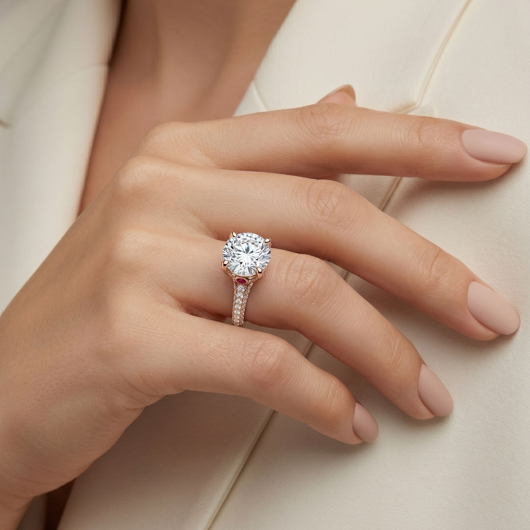 Tiri Ruby Base Solitaire Diamond Ring featuring a central diamond set on a sleek ruby-colored band.