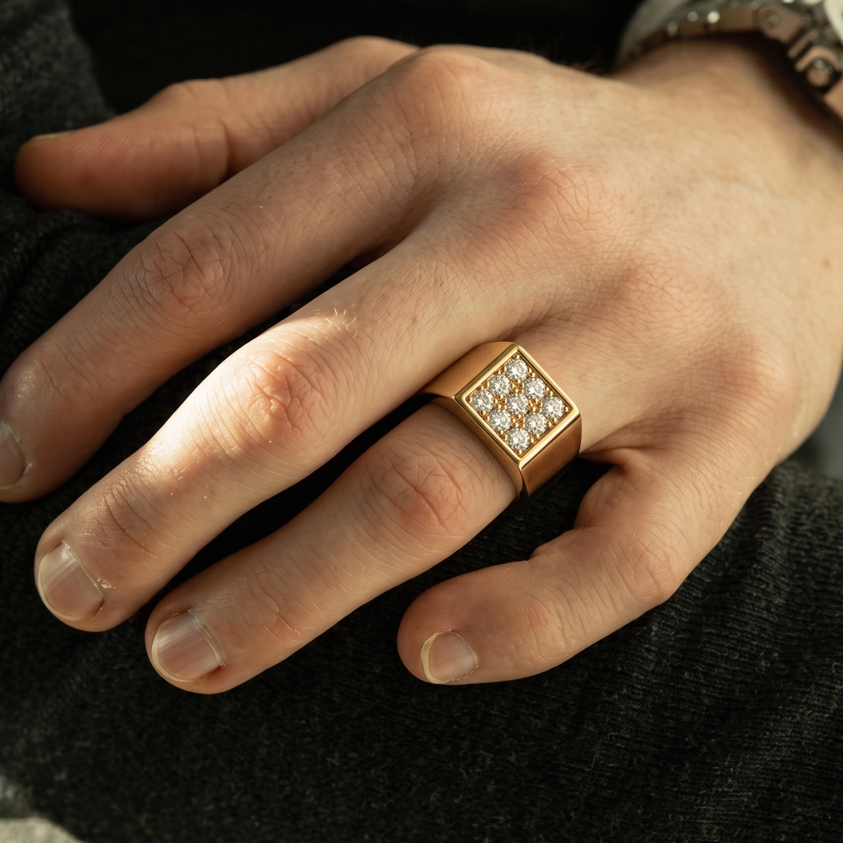 Tiri Quadra Nine Men Diamond Ring featuring a sleek band with nine sparkling diamonds and modern design.