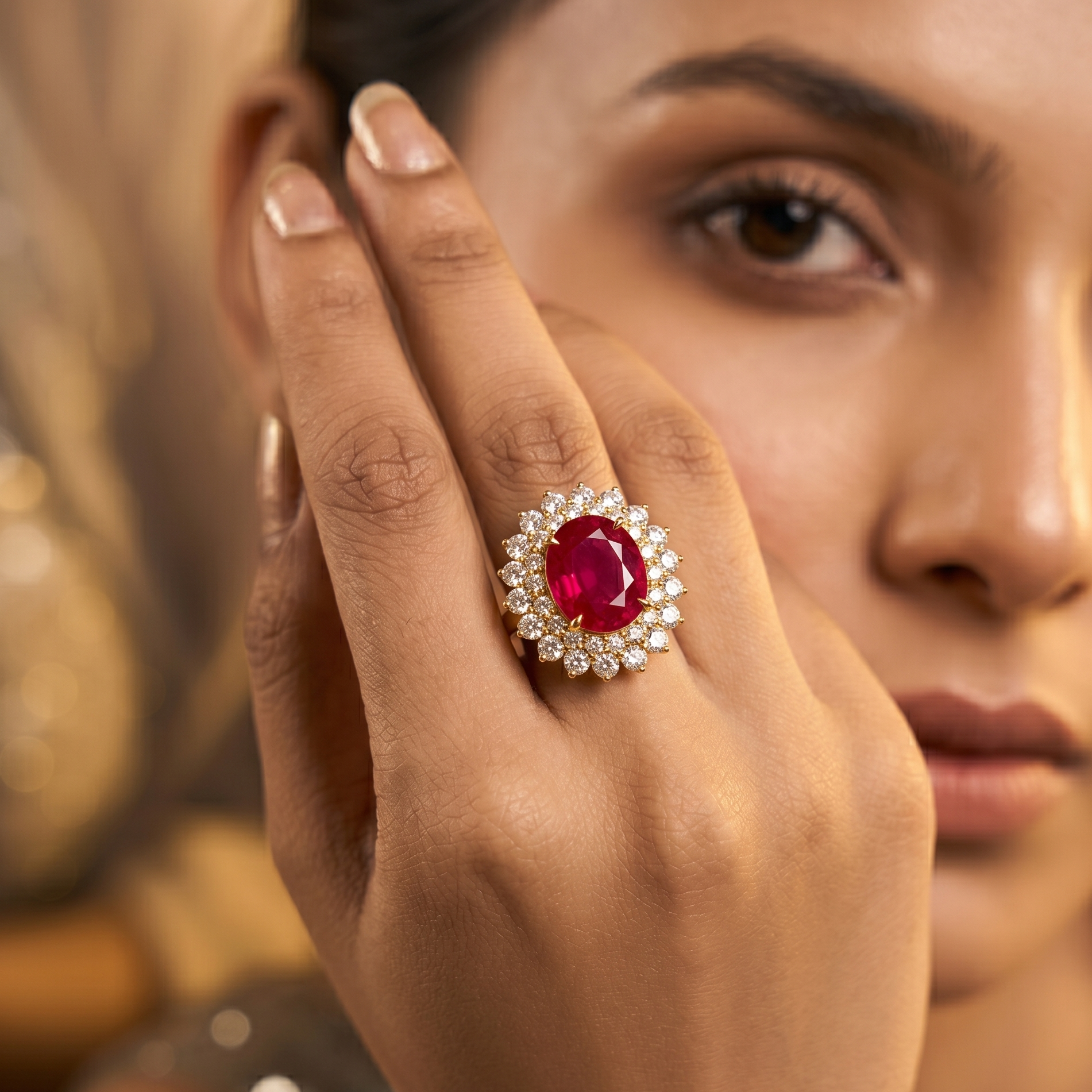 Close-up of a woman's hand wearing a ring with a red ruby gemstone, blurred background