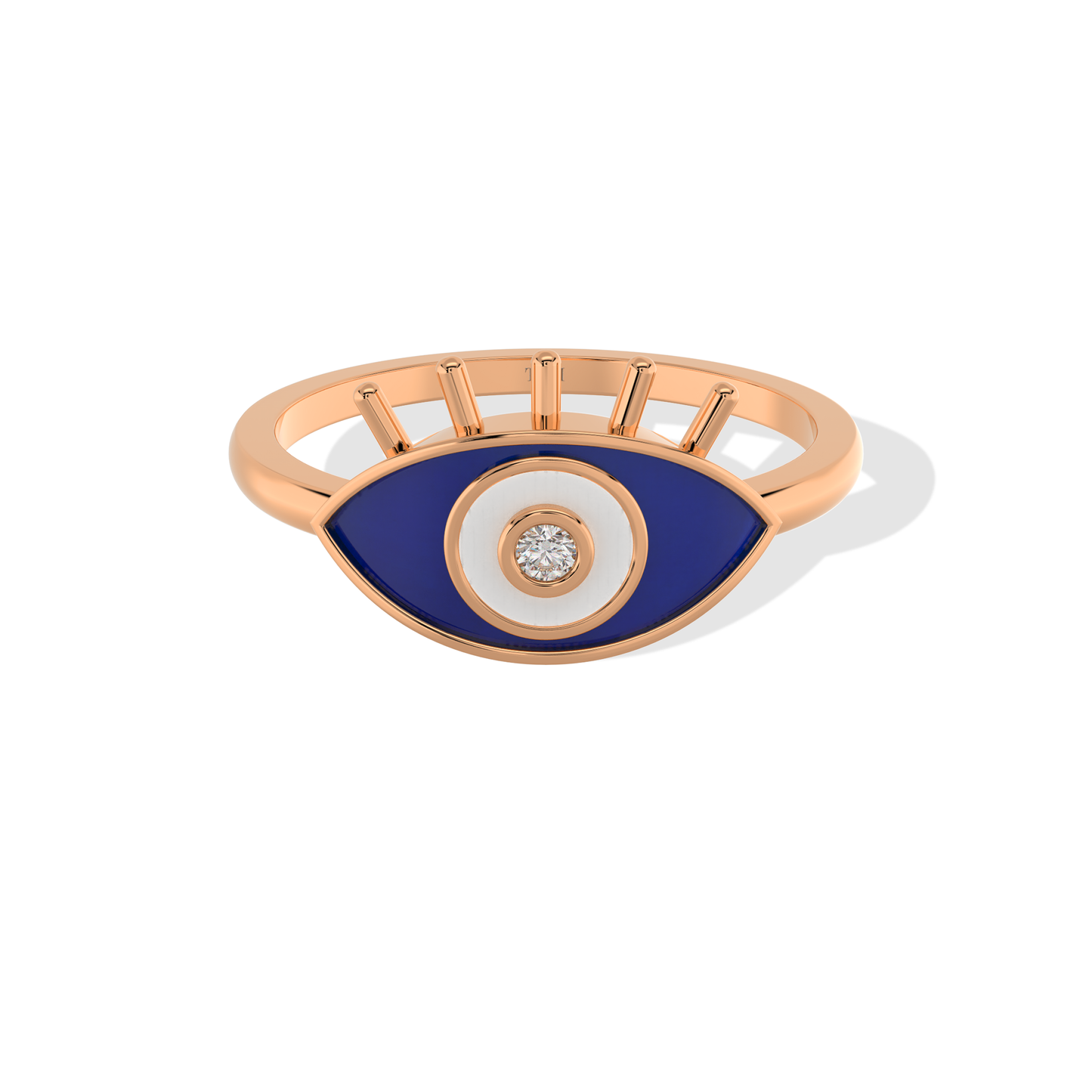 Tiri evil eye ring with blue and white eye design, silver band, and intricate detailing on a white background.
