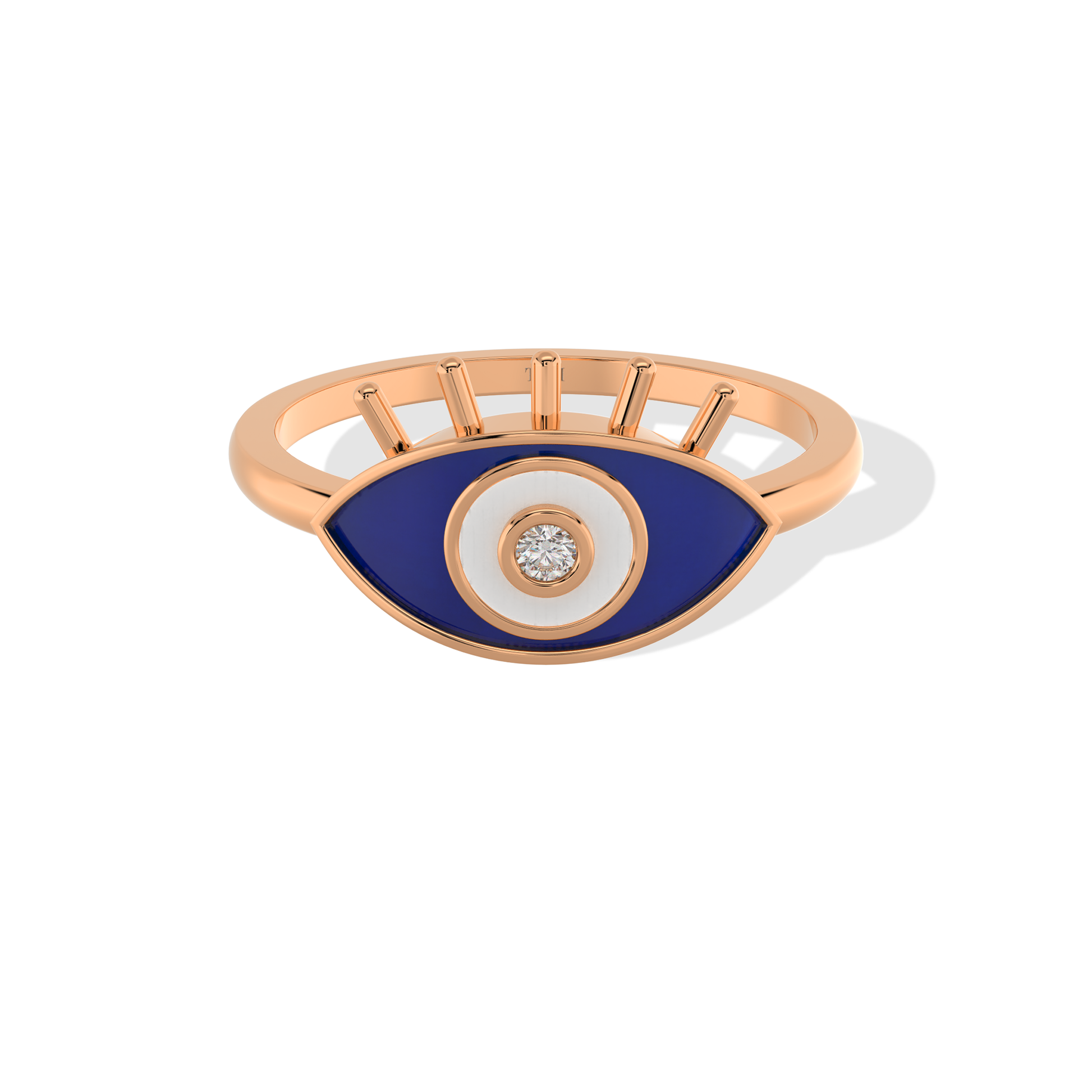 Tiri evil eye ring with blue and white eye design, silver band, and intricate detailing on a white background.