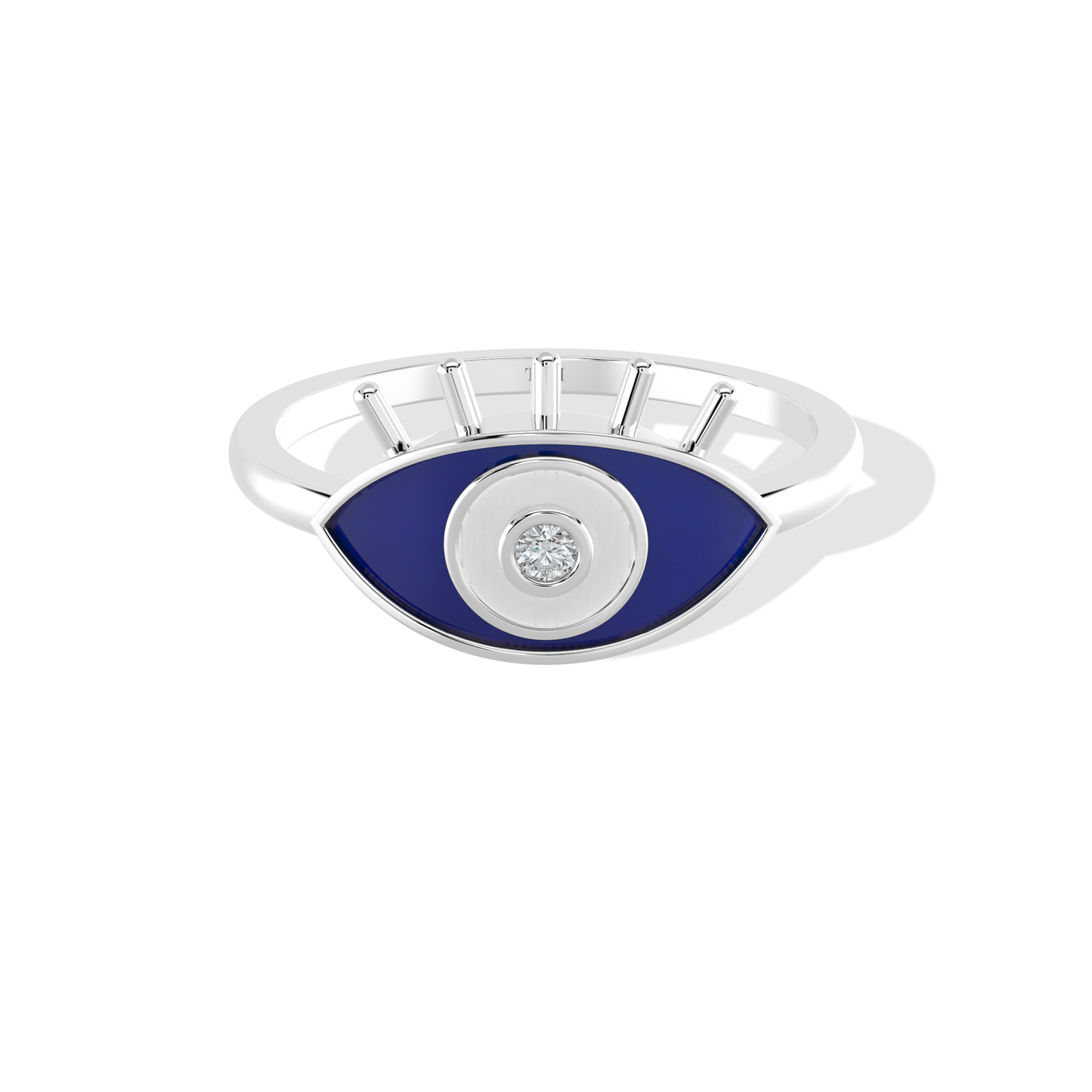Tiri Evil Eye Ring featuring a detailed blue and silver eye design on a sleek silver band.