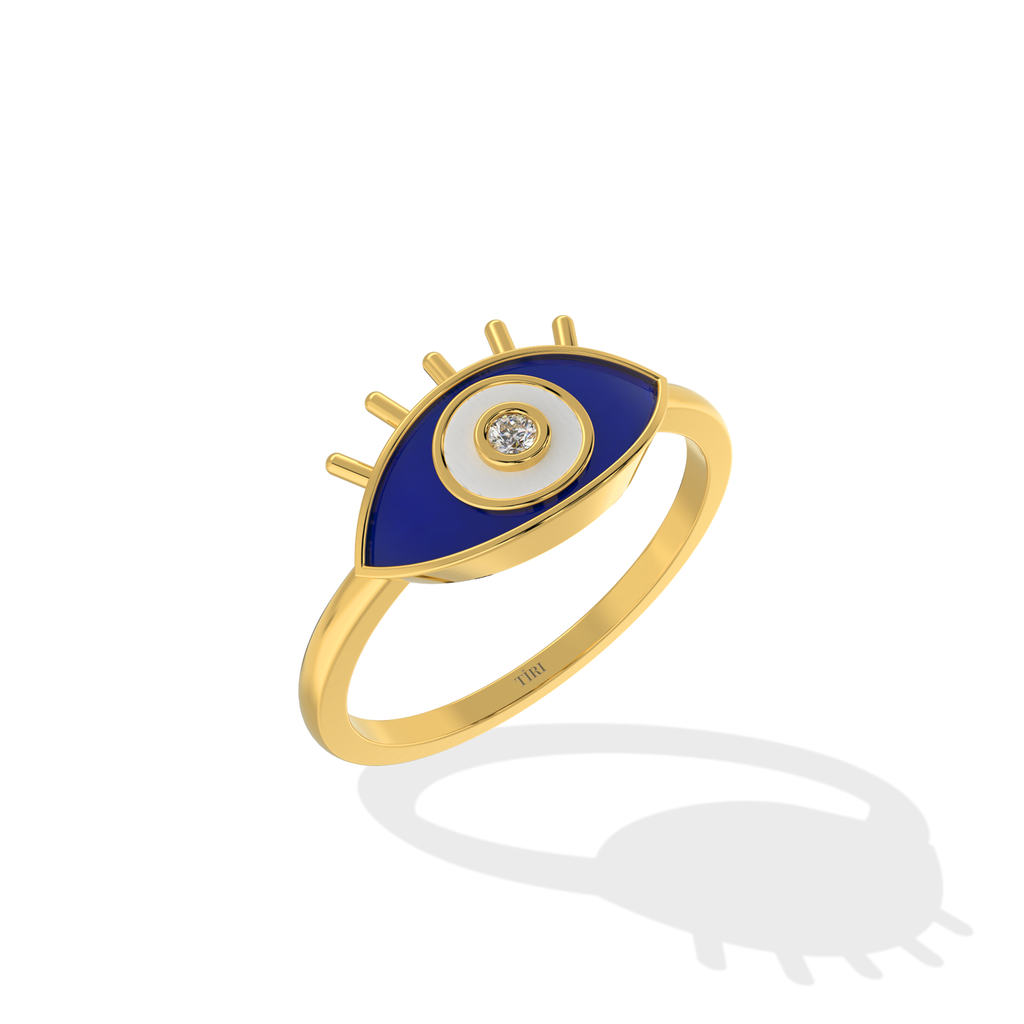 Tiri Evil Eye Ring featuring a silver band and colorful eye-shaped design, close-up of the jewelry on a white background.
