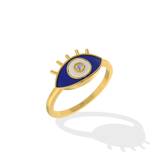 Tiri Evil Eye Ring featuring a silver band and colorful eye-shaped design, close-up of the jewelry on a white background.