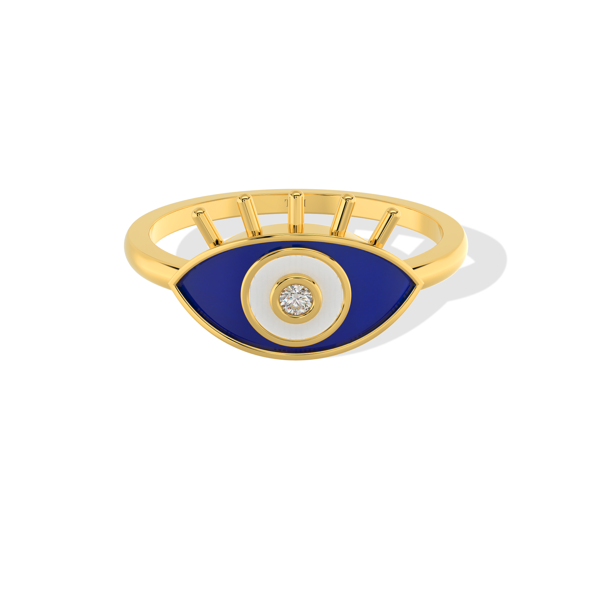 Tiri evil eye ring with blue and white eye design, silver band, and intricate detailing, on a white background.