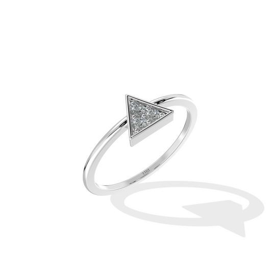 Silver ring with a triangular diamond-shaped center on a white background

