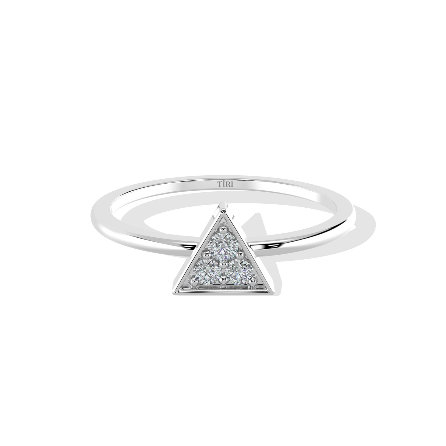 Silver ring with a triangular diamond-shaped center on a white background