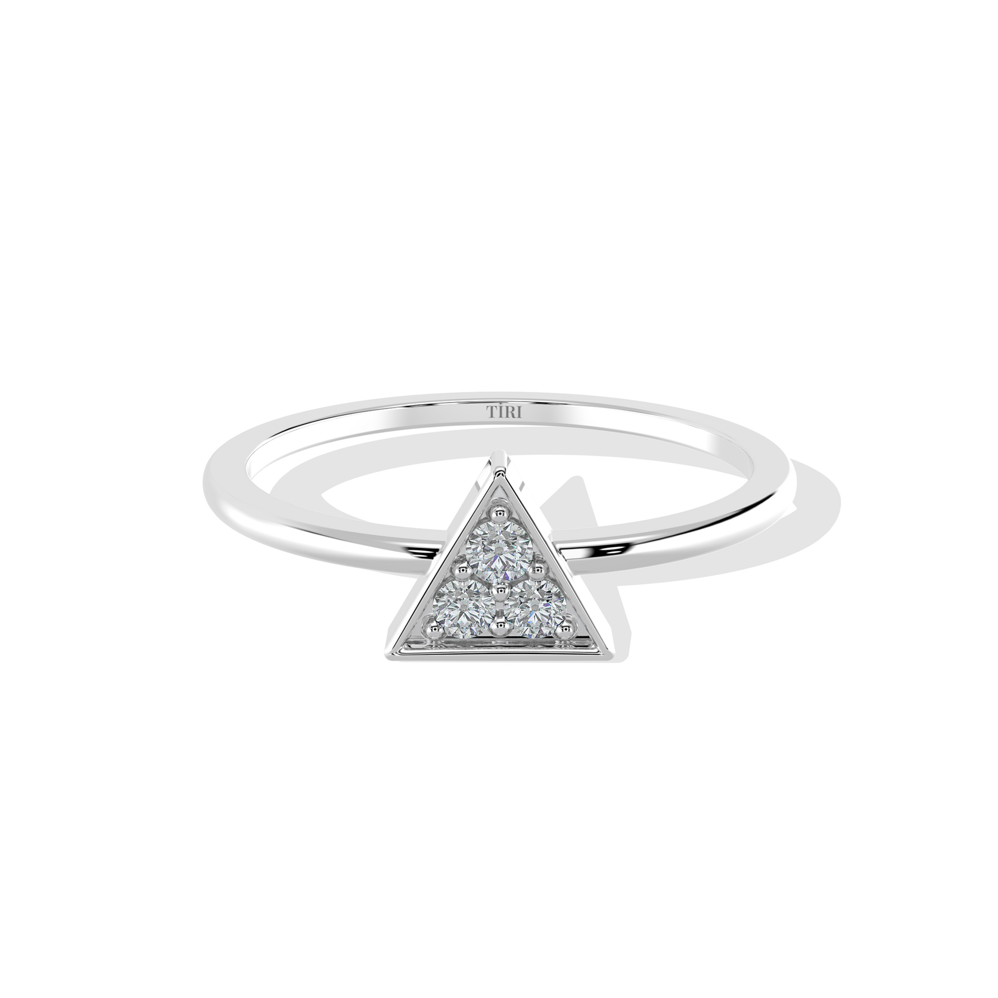 Silver ring with a triangular diamond-shaped center on a white background