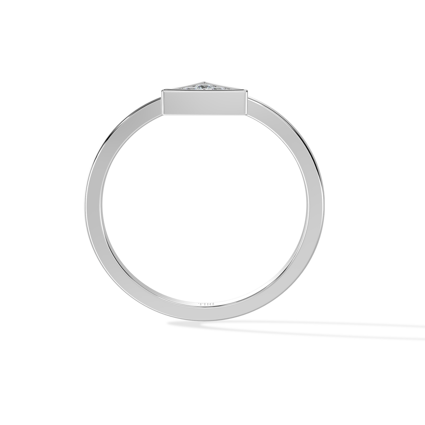 Silver ring with a triangular diamond-shaped center on a white background