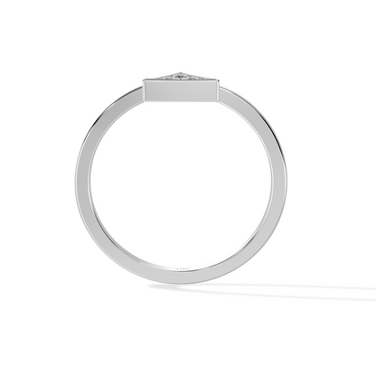Silver ring with a triangular diamond-shaped center on a white background