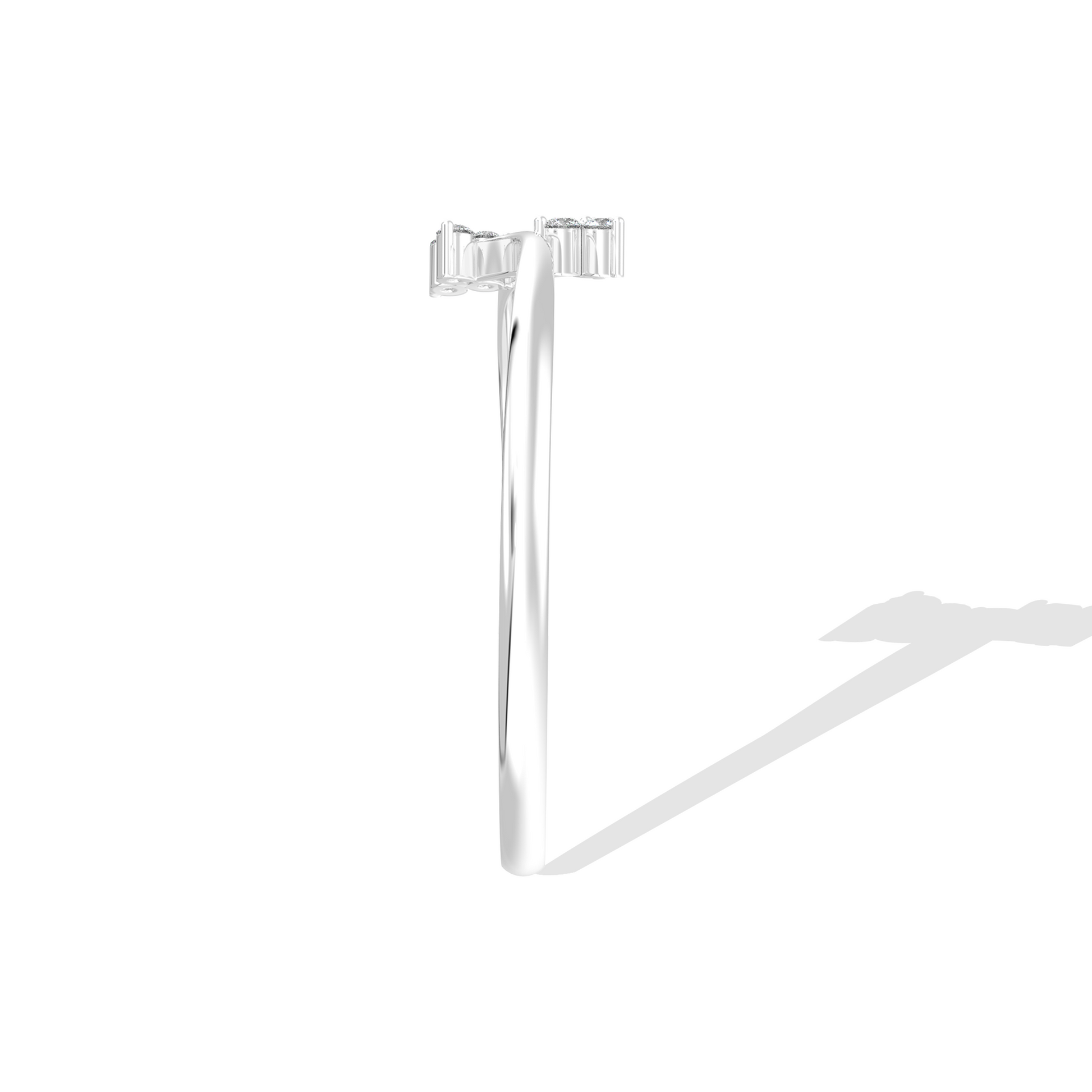 White gold oval diamond engagement ring set horizontally (East-West setting) with a halo of accent stones and a pave band