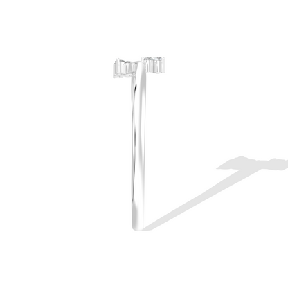 White gold oval diamond engagement ring set horizontally (East-West setting) with a halo of accent stones and a pave band