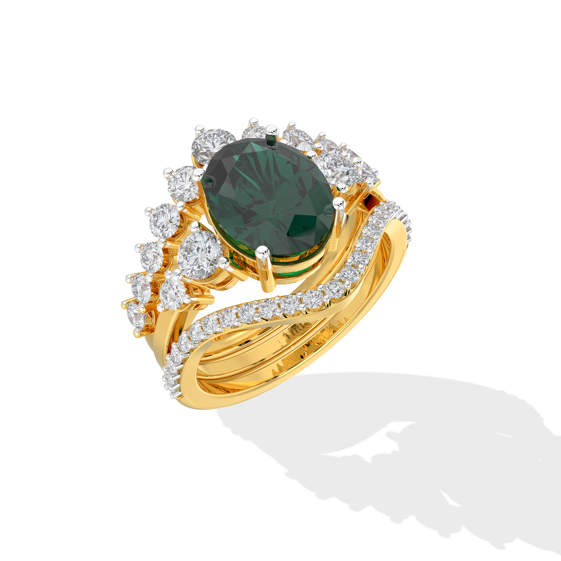 Luxury gold ring featuring an oval deep green gemstone with a halo of round diamonds and a split diamond band, photographed on a white background