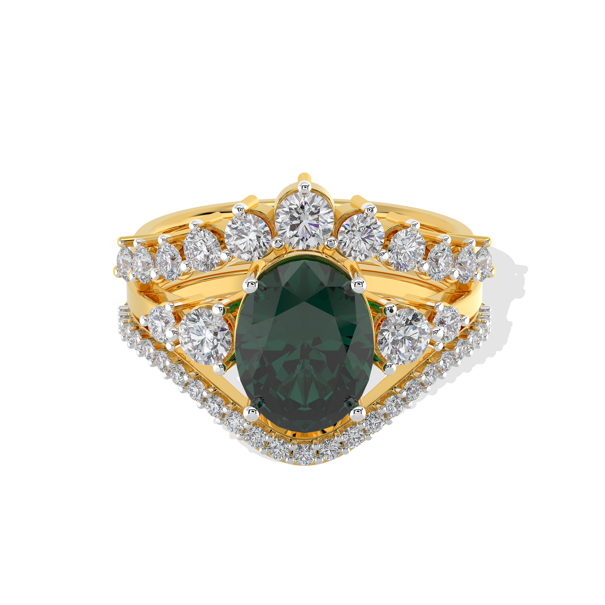 Luxury gold ring featuring an oval deep green gemstone with a halo of round diamonds and a split diamond band, photographed on a white background
