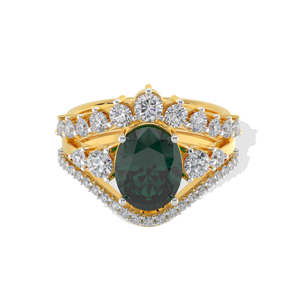 Luxury gold ring featuring an oval deep green gemstone with a halo of round diamonds and a split diamond band, photographed on a white background