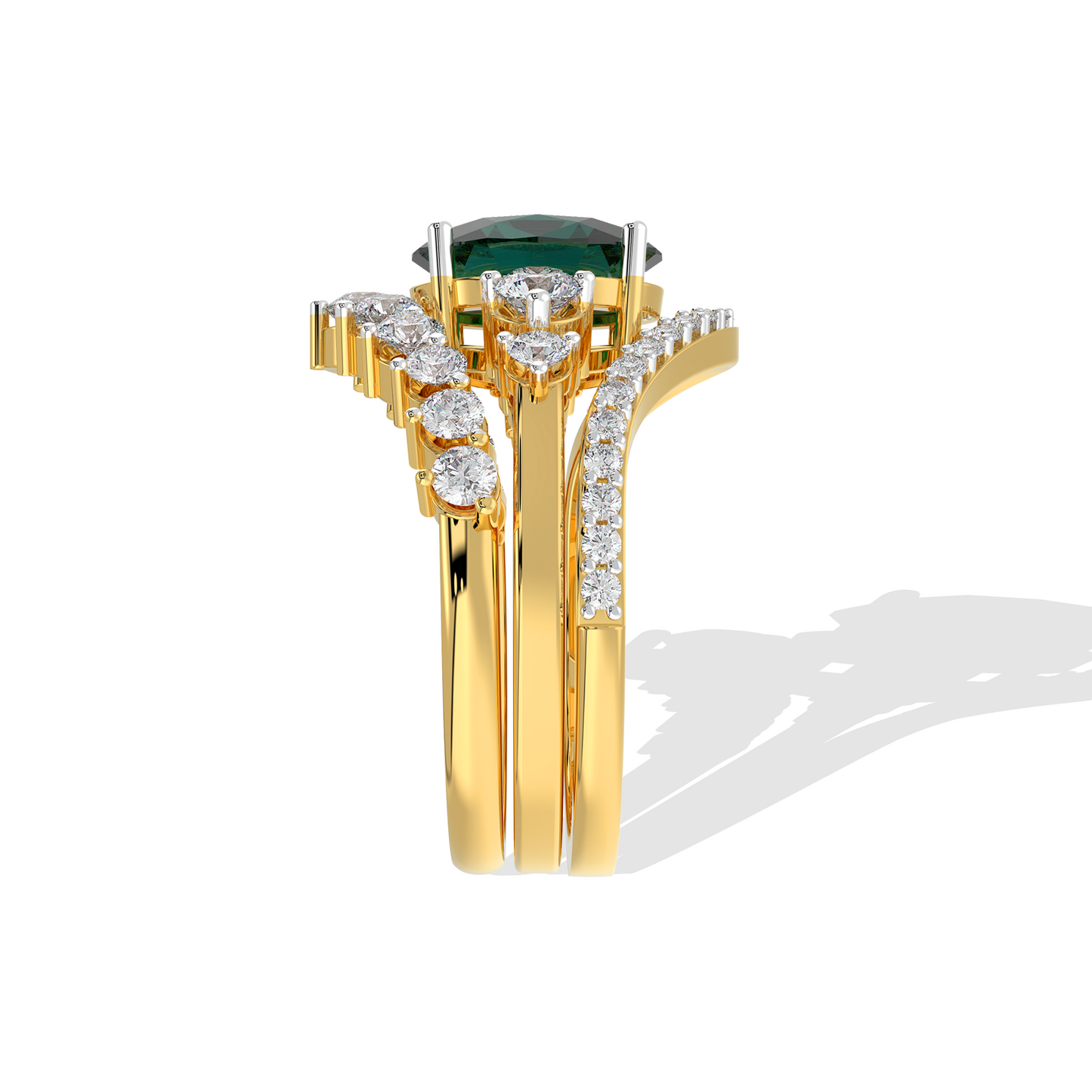 Luxury gold ring featuring an oval deep green gemstone with a halo of round diamonds and a split diamond band, photographed on a white background