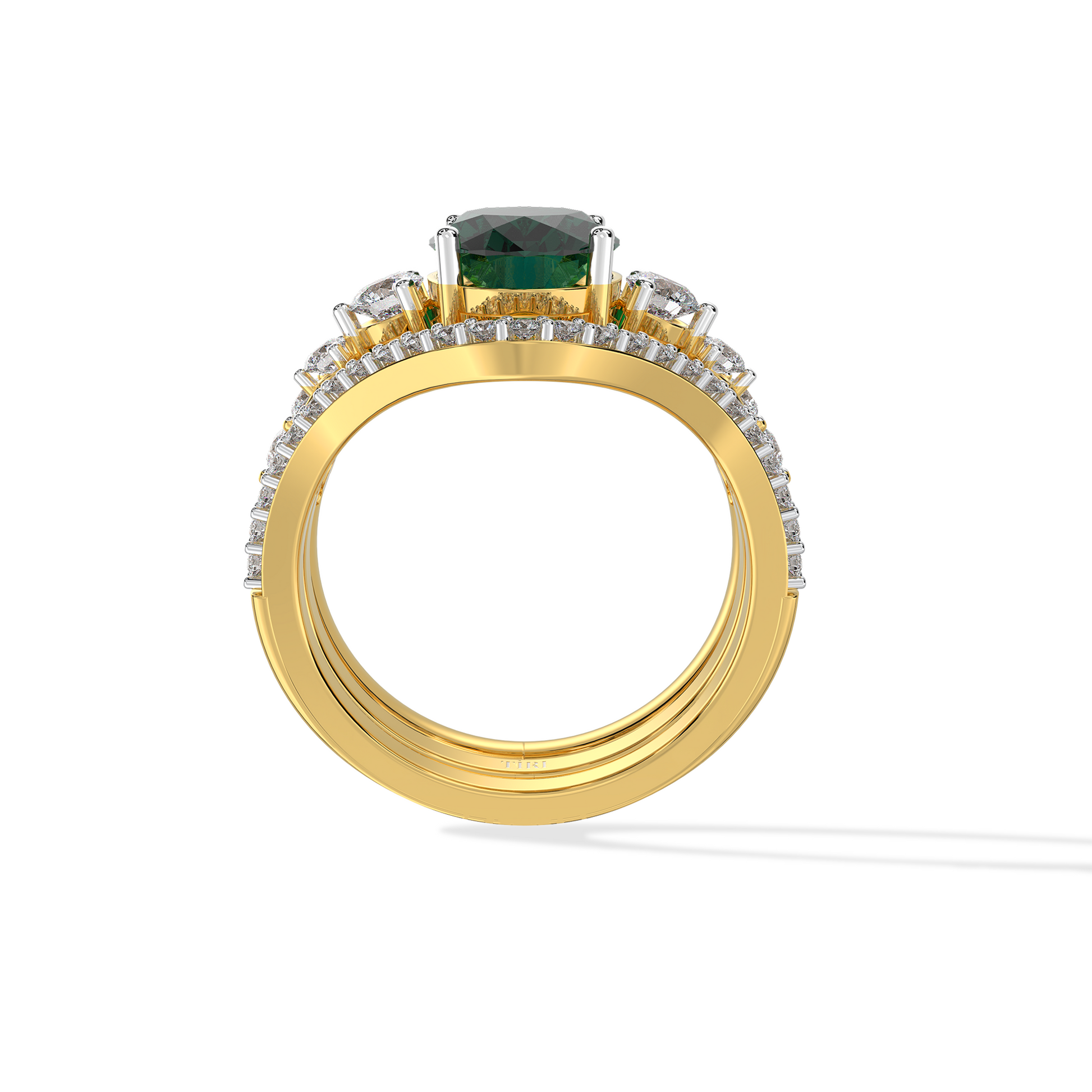 Luxury gold ring featuring an oval deep green gemstone with a halo of round diamonds and a split diamond band, photographed on a white background