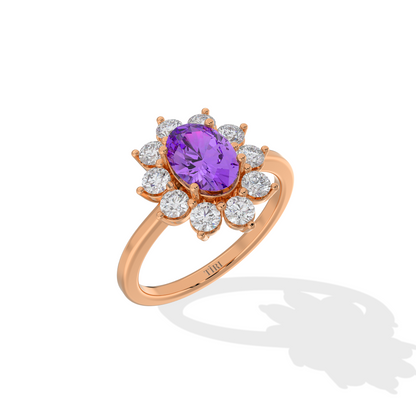 Rose gold ring with a purple gemstone and smaller diamonds on a white background
