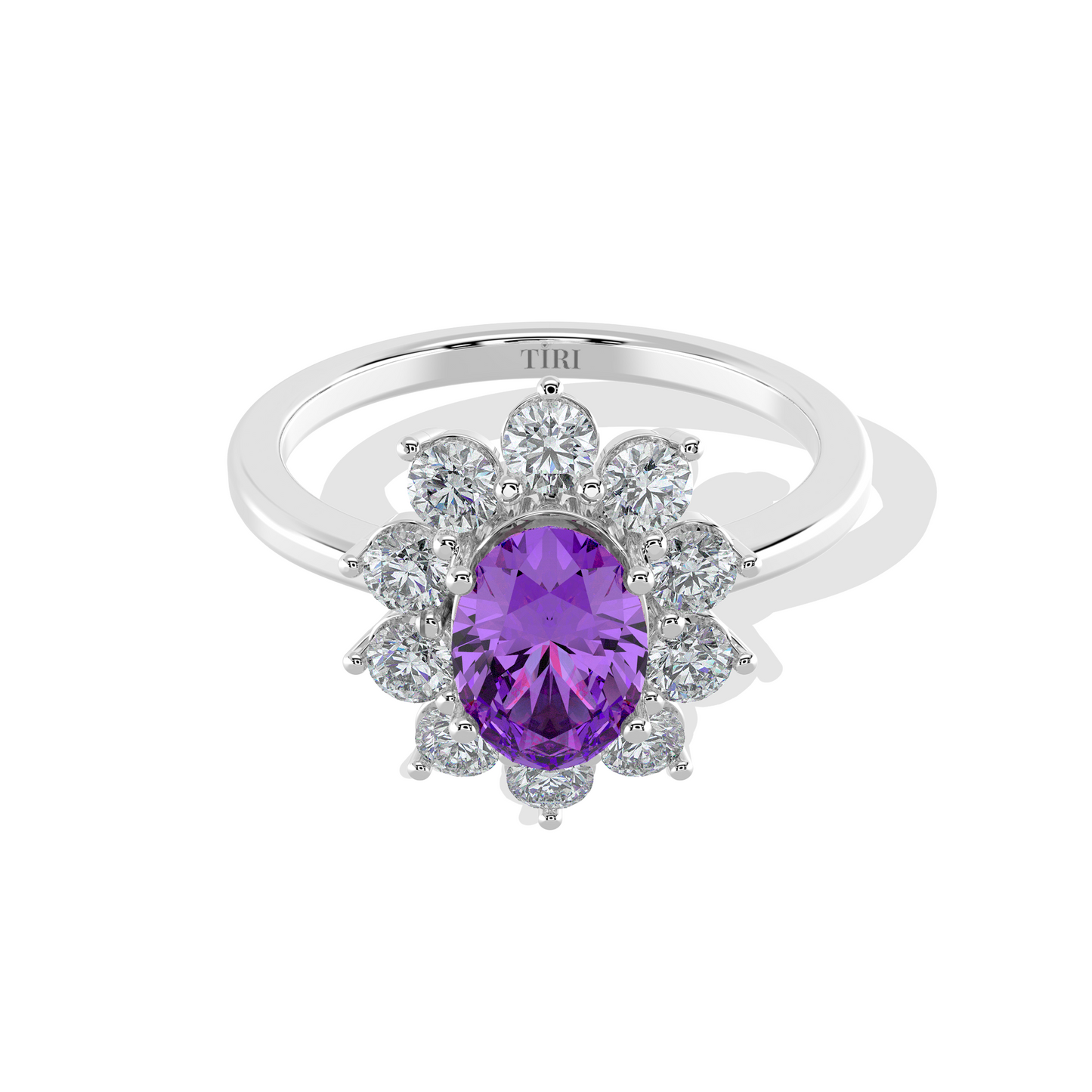 Silver ring with a purple gemstone and diamond accents on a white background