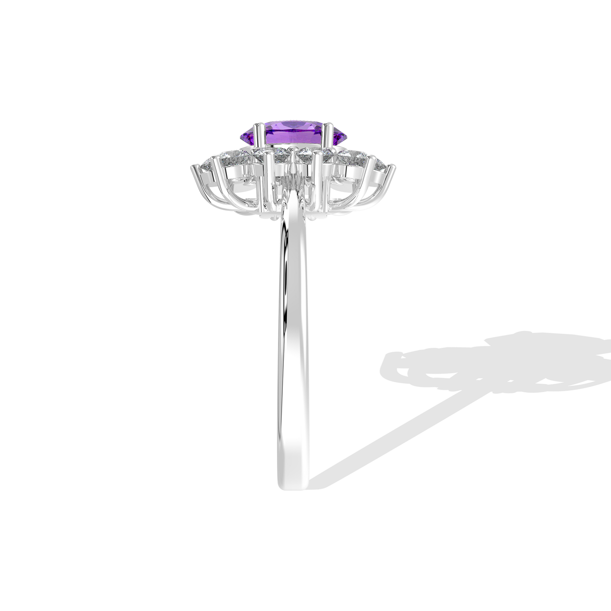 Silver ring with a purple gemstone and diamond accents on a white background