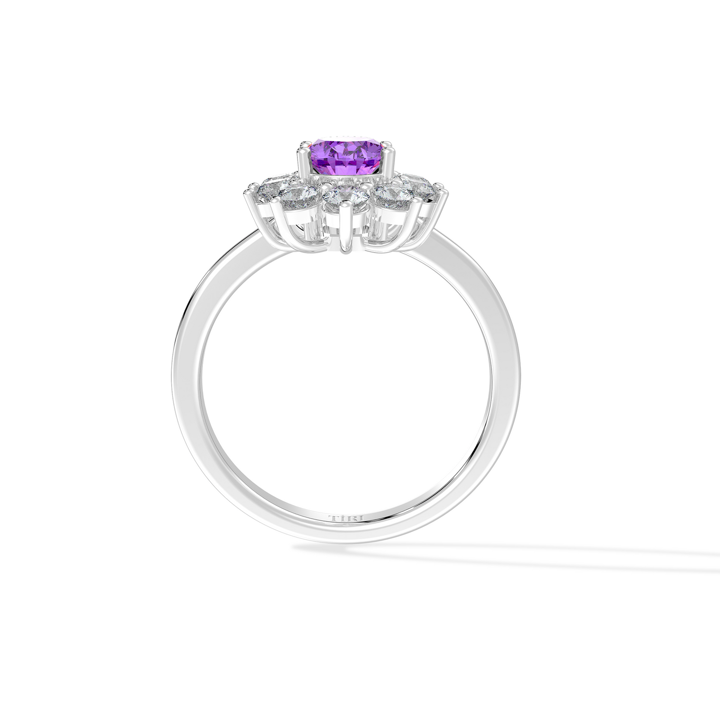 Silver ring with a purple gemstone and diamond accents on a white background