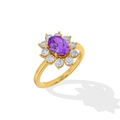 Gold ring with a purple gemstone and diamond accents on a white background
