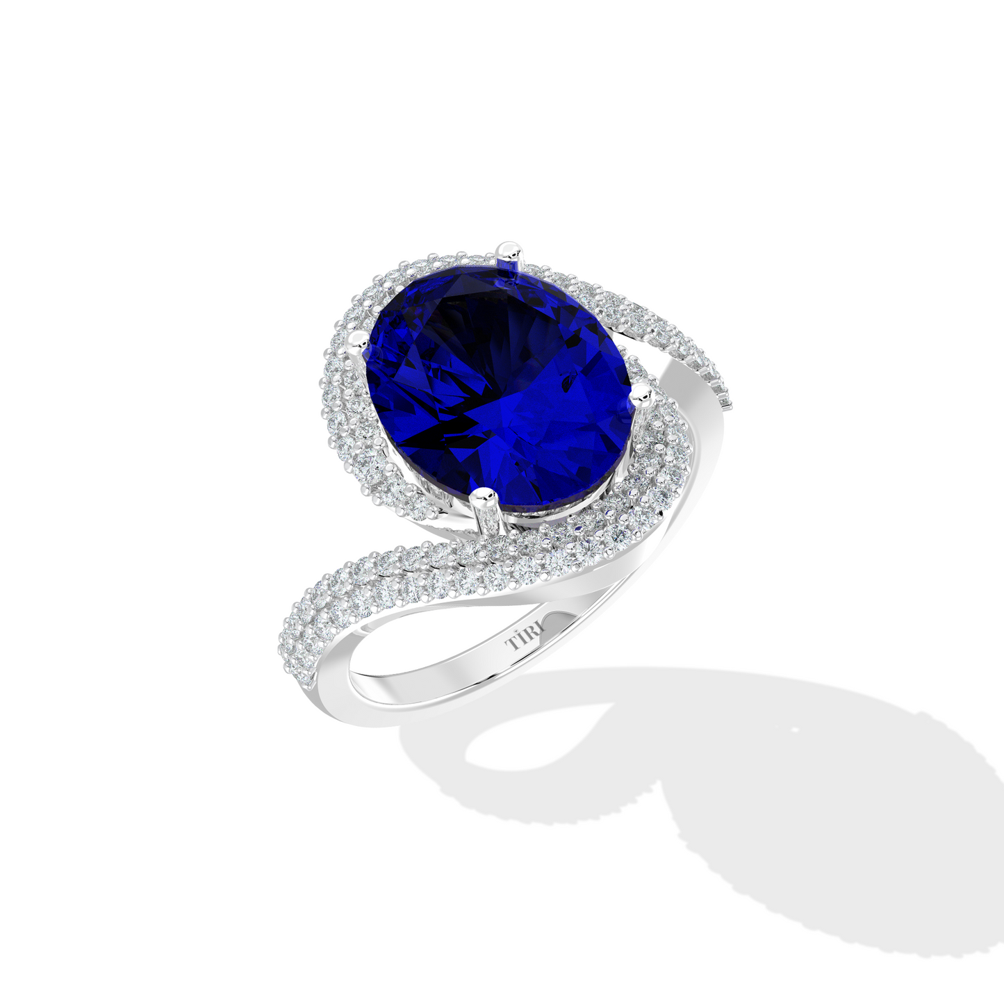 Silver ring with a blue gemstone on a white background