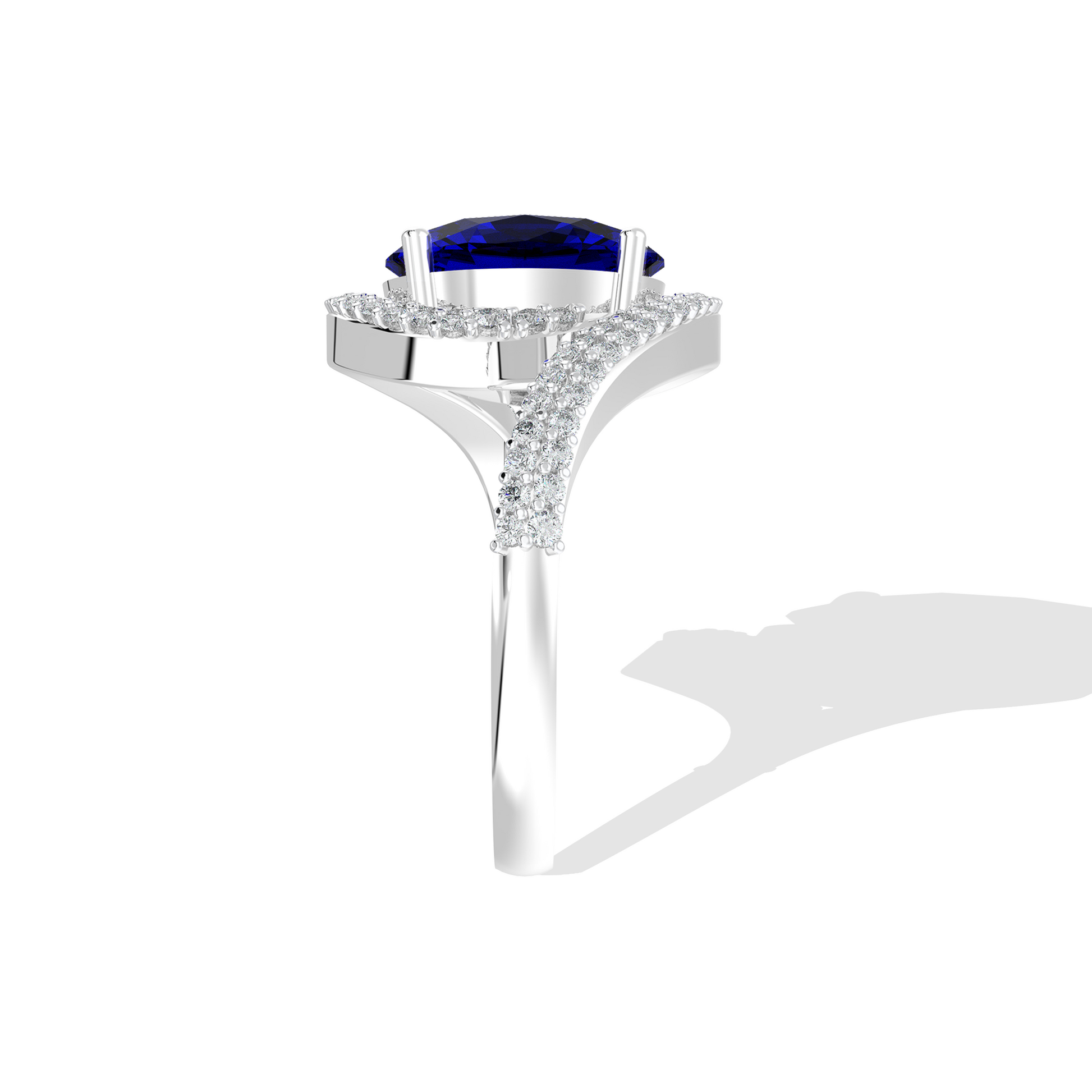 Elegant white gold ring featuring an oval blue gemstone with a twisted diamond-pavé band, photographed on a white background.