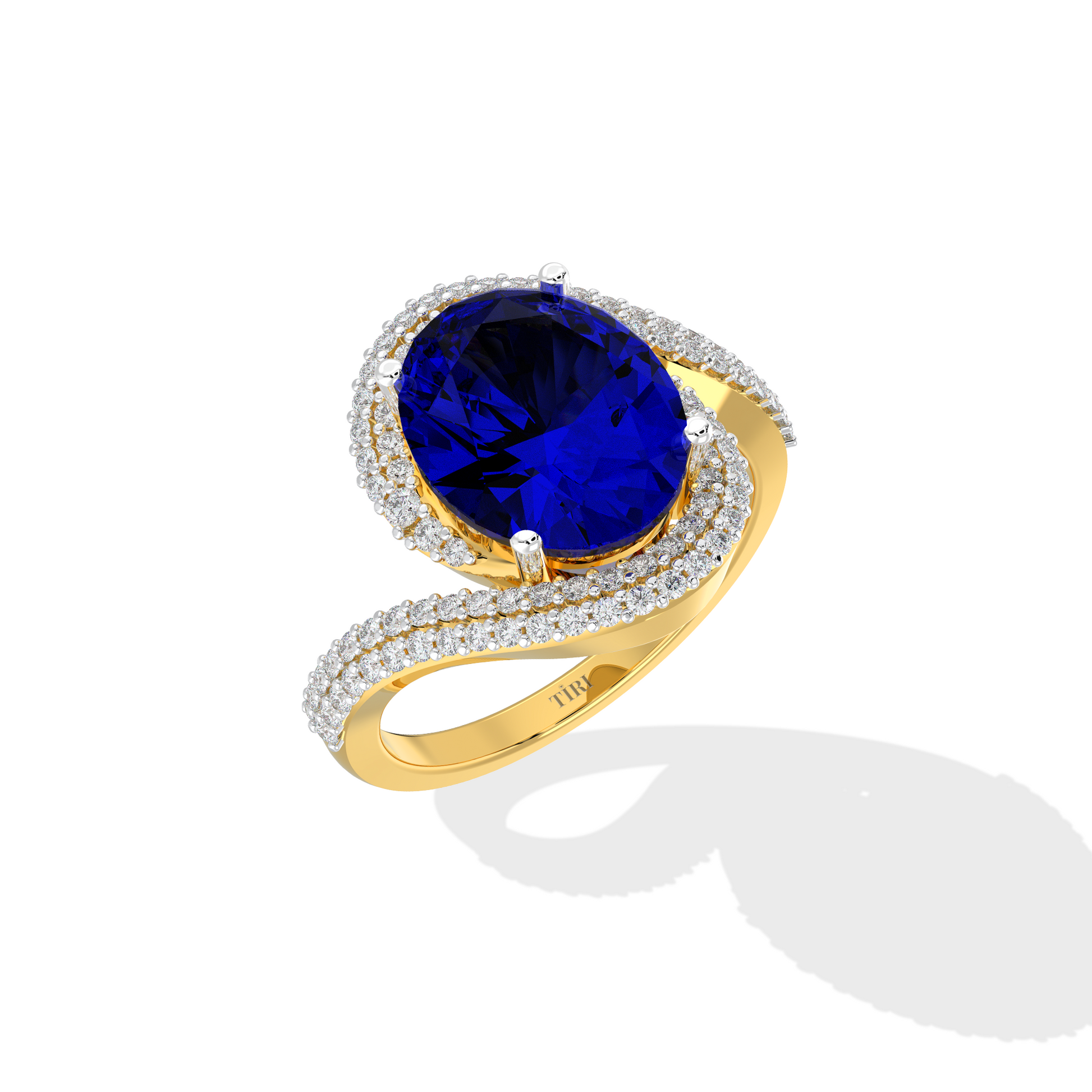 Elegant white gold ring featuring an oval blue gemstone with a twisted diamond-pavé band, photographed on a white background.